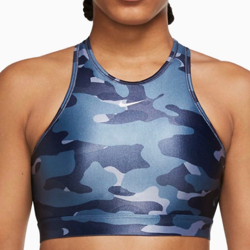 Nike Women’s DRI-FIT  Swoosh Medium Support High Neck Sports Bra Blue Camo Ashen
